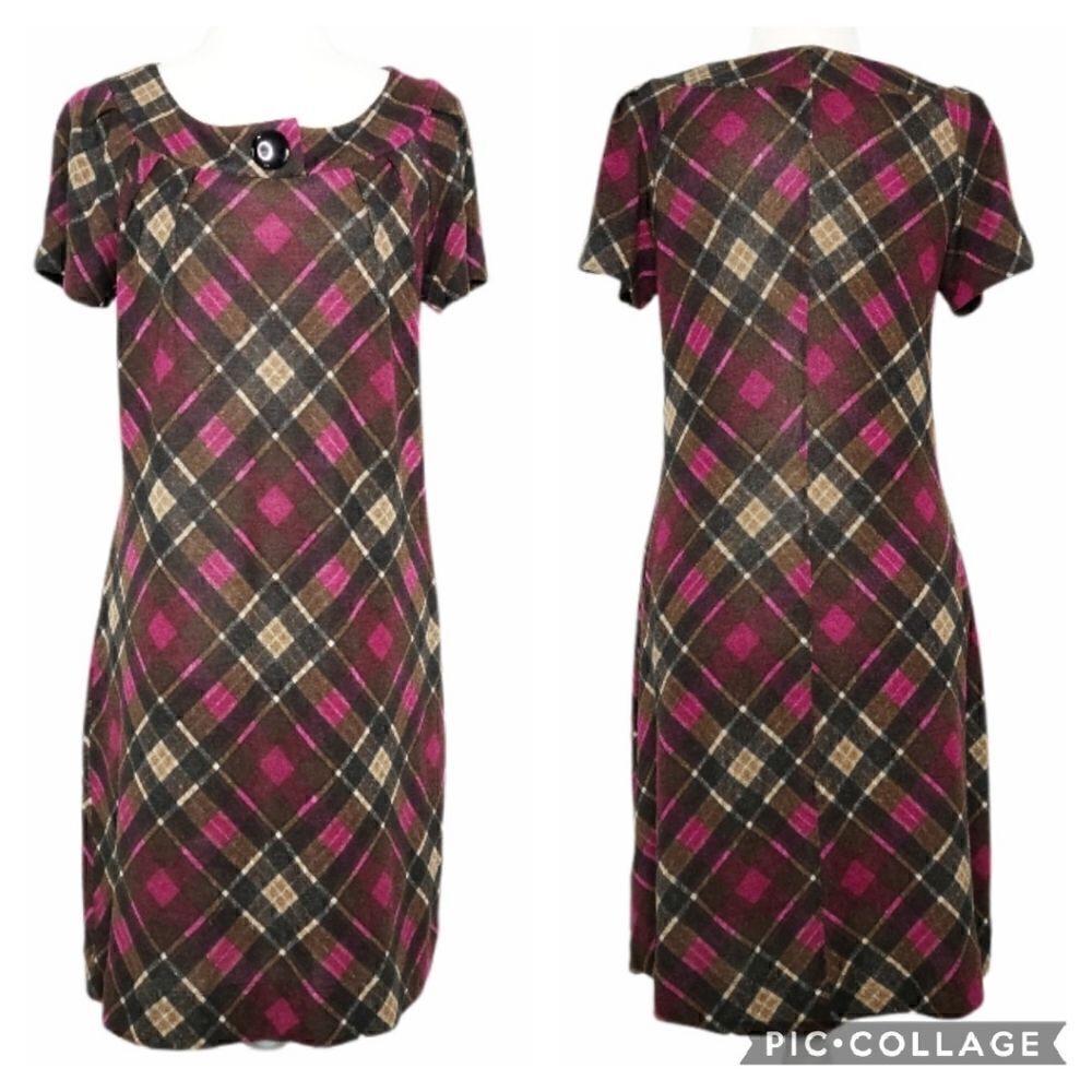 AGB Plaid Pink Brown Black Sheath Dress Crew Neck Short Sleeve Button Women’s 6